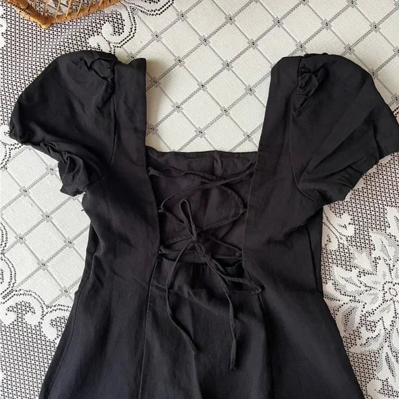 Zara Linen Black Puff Sleeve Backless Dress size Large - Picture 4 of 6